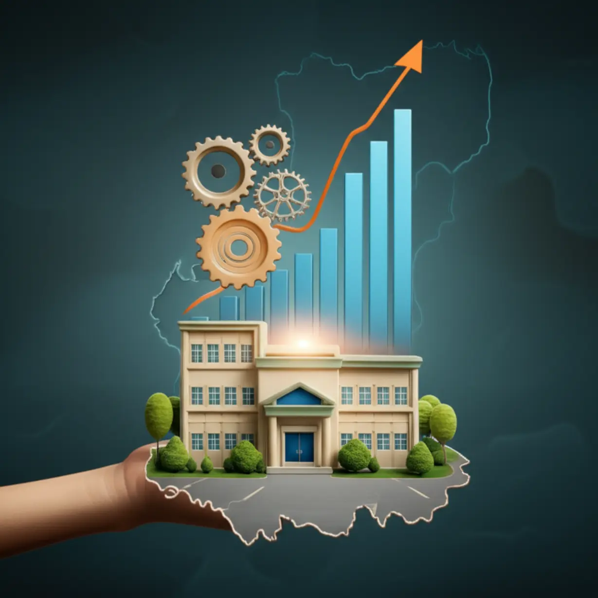 A-3D-illustration-of-a-university-building-with-gears-and-graphs,-symbolizing-Gyeongguk-University