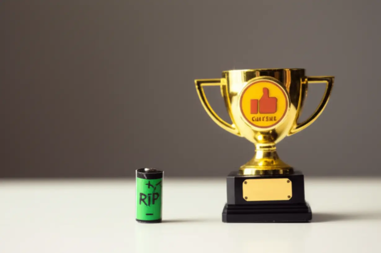 고장-난-배터리-아이콘과-성공-트로피가-함께-있는-유머러스한-3D-이미지