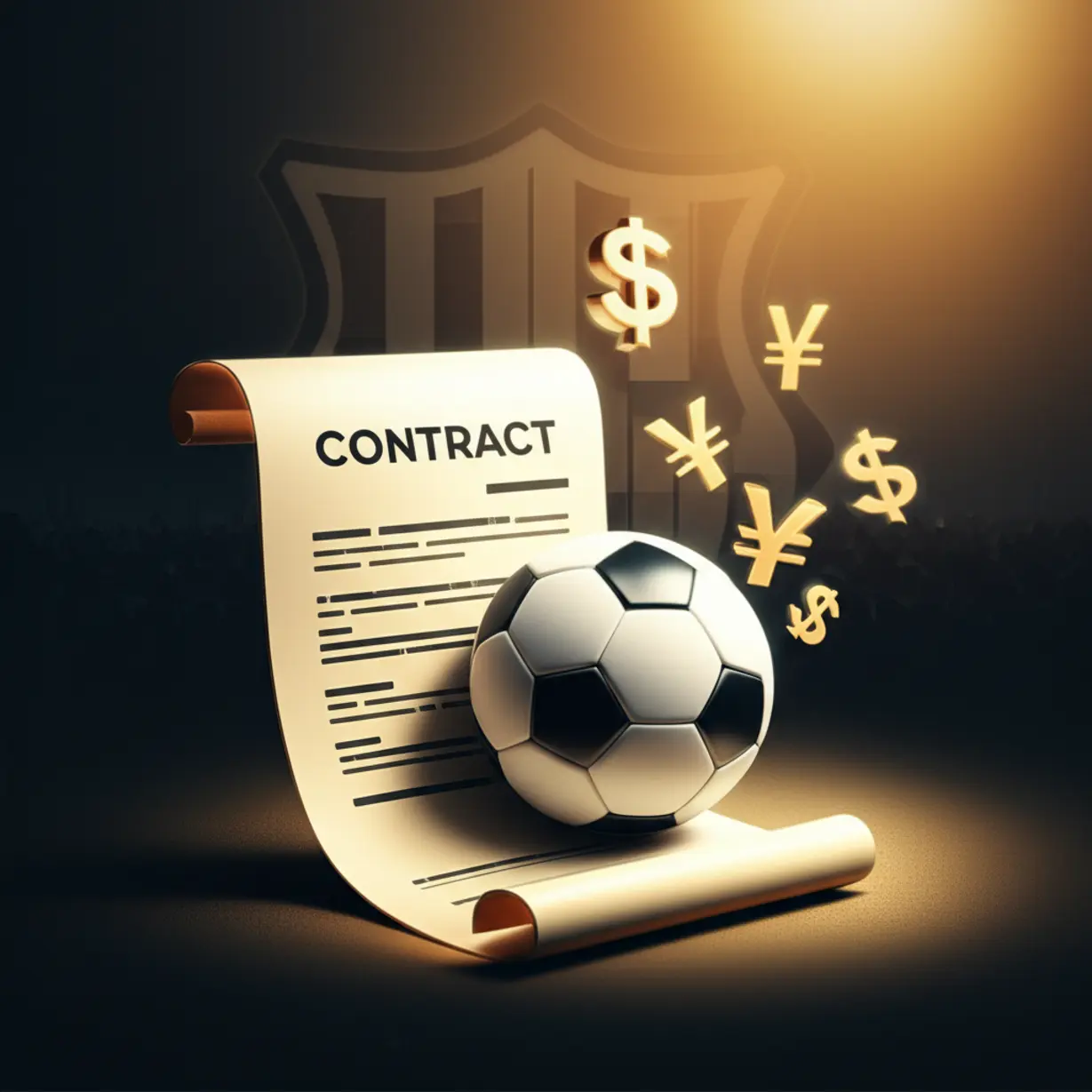 A-3D-image-featuring-a-stylized-contract-and-currency-symbols-around-a-soccer-ball,-depicting-a-record-breaking-financial-agreement-in-sports.