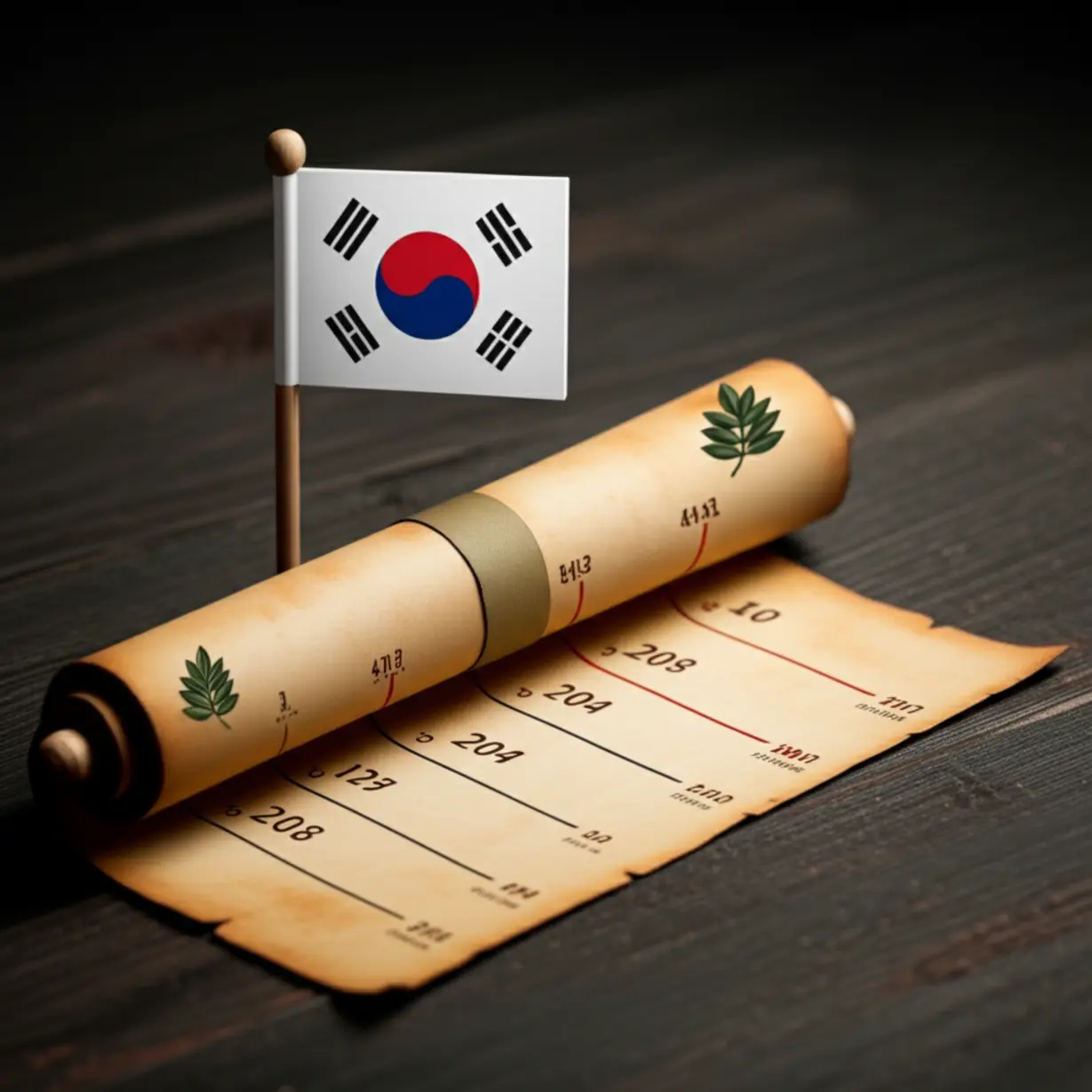 한국의-역사적-해방을-상징하는-두루마리와-태극기,-월계관을-담은-귀여운-3D-이미지