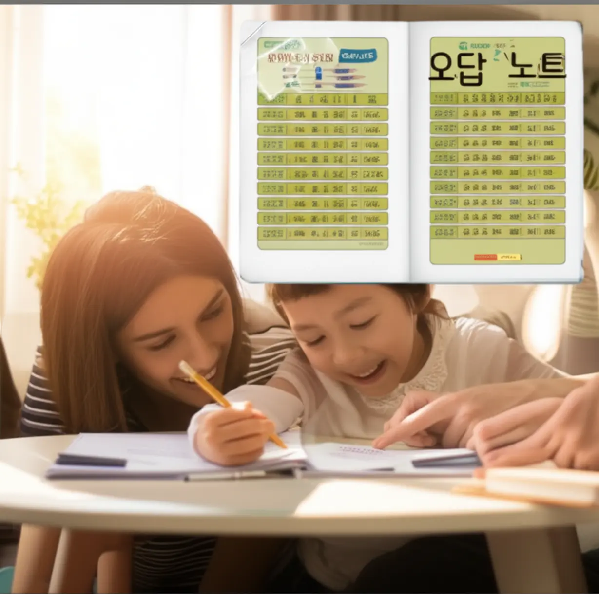 A-cute-3D-image-of-a-parent-and-child-learning-together-at-home,-with-a-dictation-chart-and-wrong-answer-notebook.