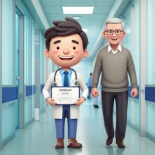 A-friendly-character-assisting-an-elderly-person-at-a-hospital-entrance,-symbolizing-the-Hospital-Companion-Manager-role-and-certificate.