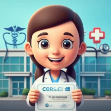 A-3D-character-of-a-friendly-hospital-coordinator-holding-a-certificate,-with-medical-symbols-and-a-hospital-in-the-background,-representing-a-guide-to-certification.