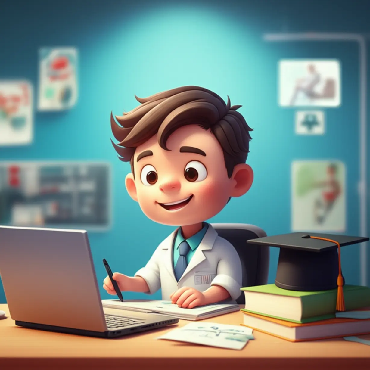3D-image-of-a-person-taking-an-online-exam-for-hospital-coordinator,-with-career-settings-in-the-background.