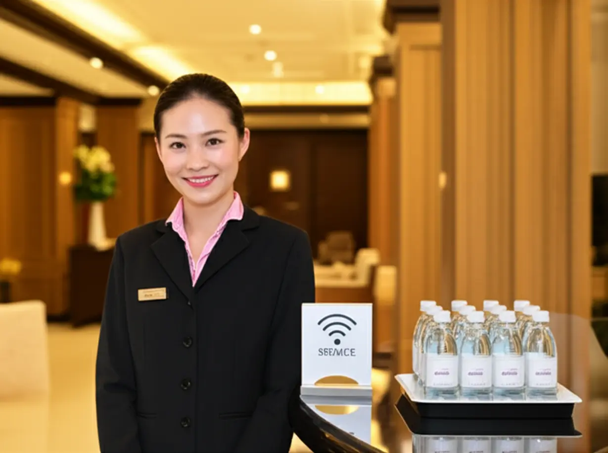 세련된-호텔-로비에서-리셉셔니스트와-함께-무료-Wi-Fi-및-물병-등-