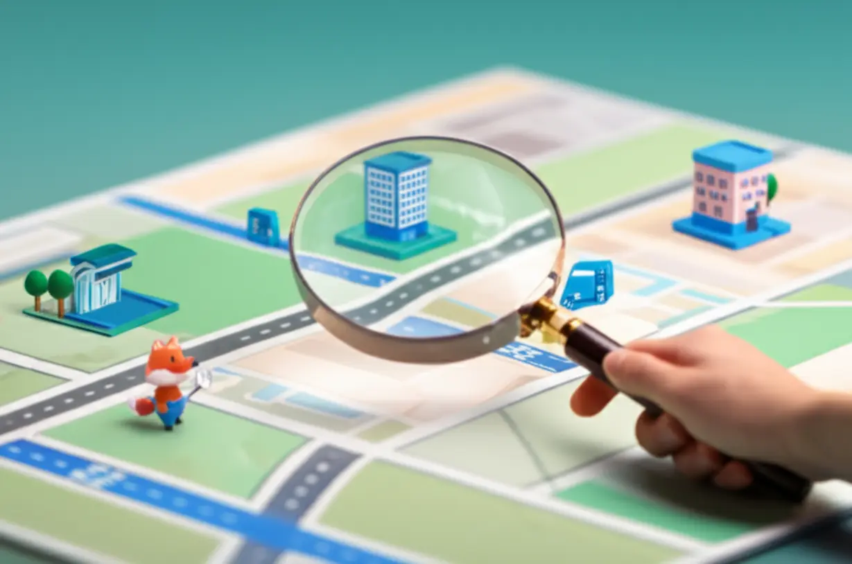 A-cute-3D-fox-character-using-a-magnifying-glass-on-a-stylized-city-map-to-find-civil-defense-shelters-like-subway-stations-and-apartment-basements.