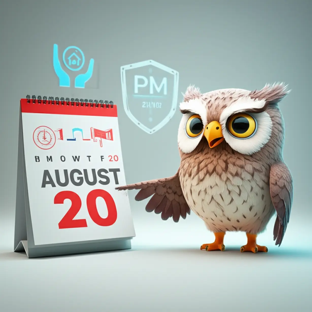 A-cute-3D-owl-pointing-at-a-calendar-marked-August-20th,-with-a-clock-and-shield-in-the-background,-symbolizing-civil-defense-training.
