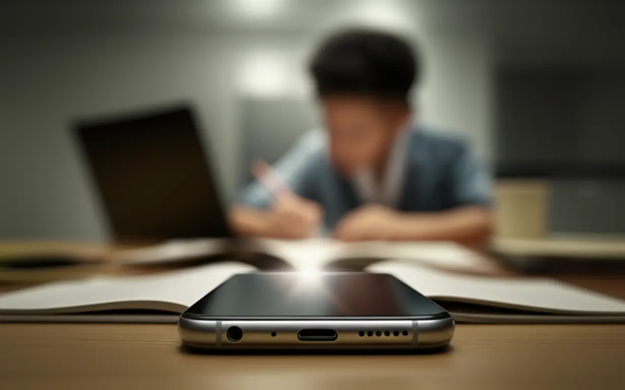A-3D-smartphone-screen-softly-glowing-with-motivational-energy,-set-against-a-blurry-background-of-a-student-at-a-study-desk.