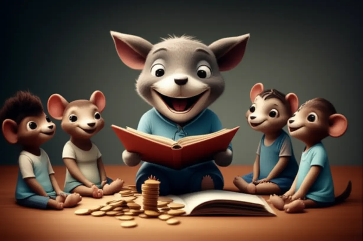 A-3D-image-showing-an-animal-character-happily-counting-money-on-one-side,-and-on-the-other,-reading-a-story-to-smiling-animal-children,-representing-both-the-financial-and-emotional-rewards-of-the-profession.