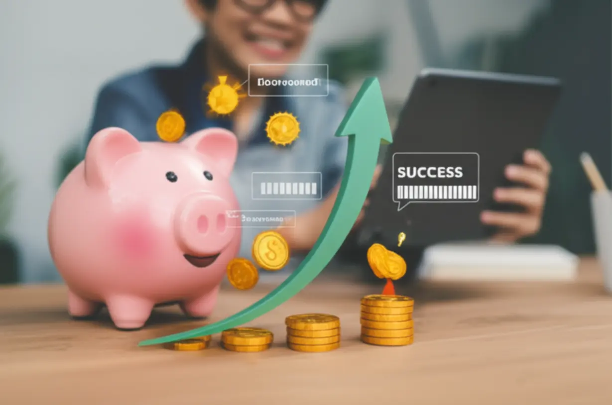 A-3D-image-of-a-piggy-bank-overflowing-with-coins-and-a-rising-graph,-representing-an-innovative-refund-policy-and-study-motivation.