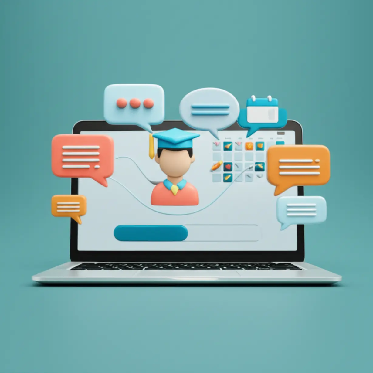 Cute-3D-speech-bubbles-and-a-progress-bar-showing-interactive-and-continuous-online-learning-management.