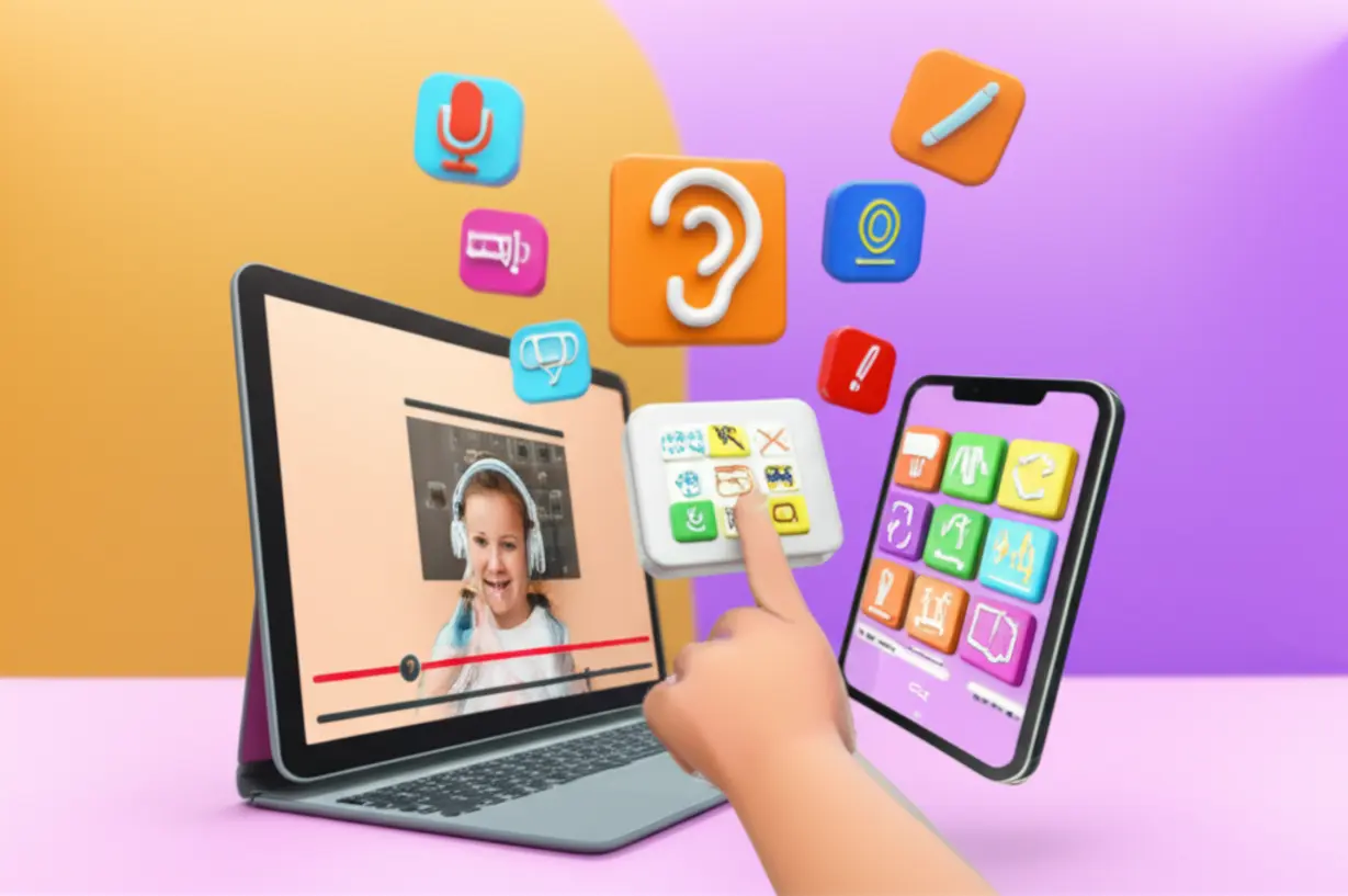 A-cute-3D-illustration-depicting-a-collage-of-interactive-online-English-learning-features,-including-short-videos,-grammar-exercises,-vocabulary-flashcards,-and-icons-for-all-four-language-skills.