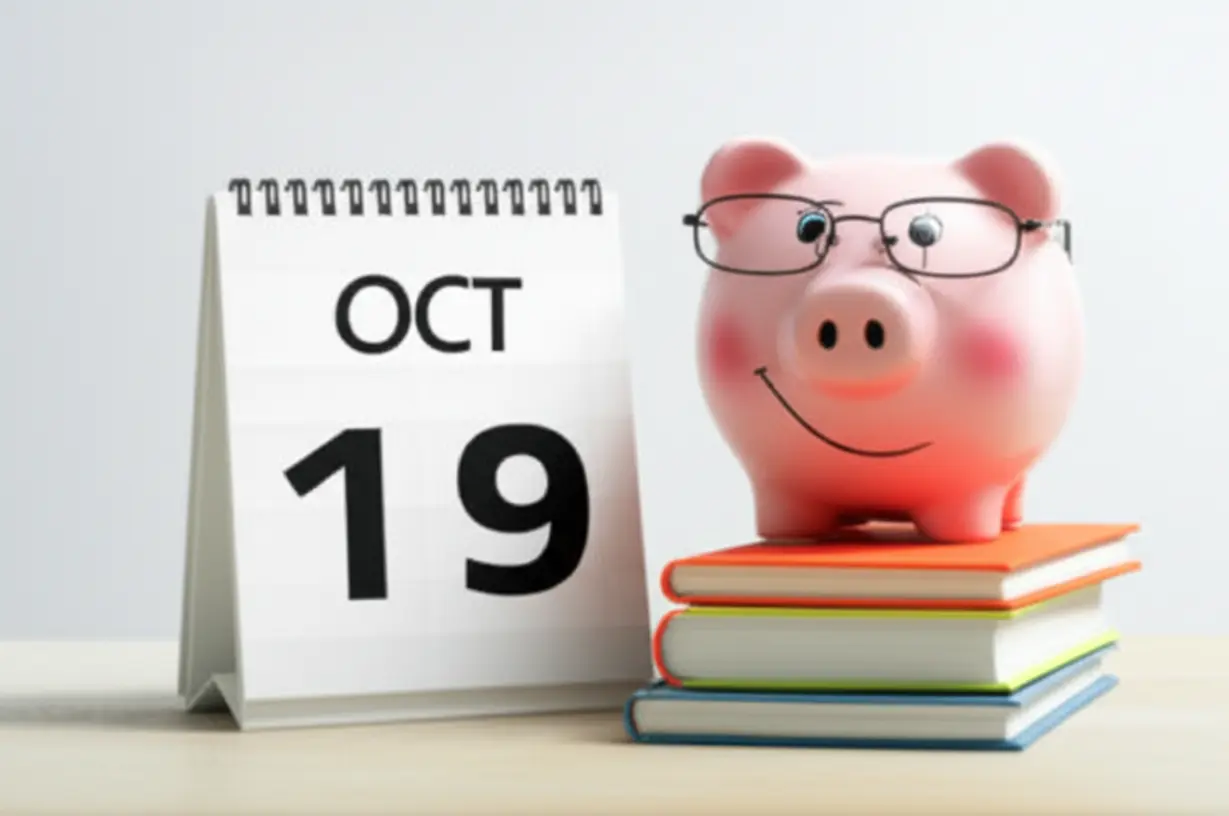 귀여운-3D-달력에-10월-19일이-표시되어-있고,-주변에-금융-교재와-작은-안경을-쓴-돼지-저금통이-놓여-있는-모습.