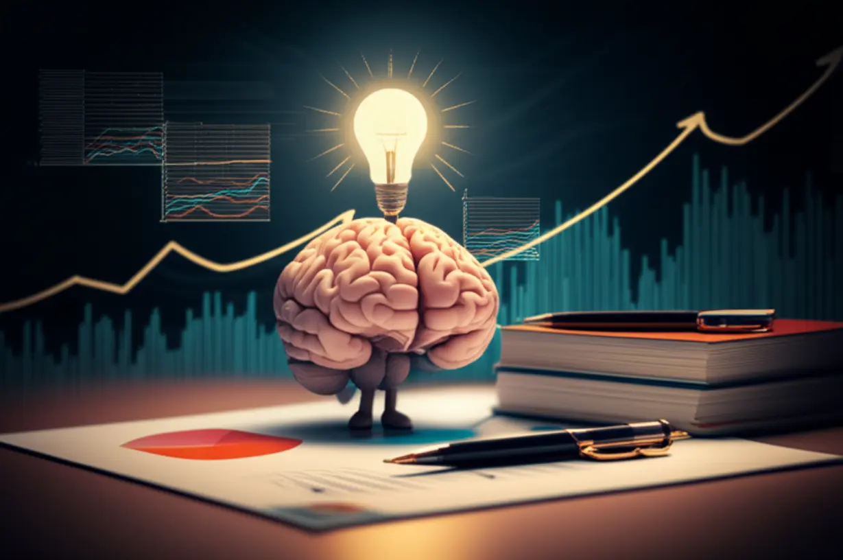 귀여운-3D-뇌-캐릭터-머리-위에-작은-전구가-있고,-상승-추세를-보이는-도표와-그래프에-둘러싸여-있는-모습.-옆에는-학습-노트-책-더미와-펜이-놓여-있음.