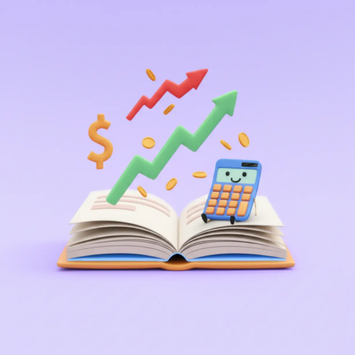귀여운-3D-열린-교과서-옆에-친근한-계산기-캐릭터가-앉아있고,-화살표,-상승-그래프,-작은-동전과-같은-추상적인-금융-심볼들이-떠다니는-모습.