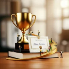 A-cute-3D-illustration-showing-a-golden-trophy-and-certificate,-surrounded-by-abstract-figures-representing-career-success-and-financial-expertise.