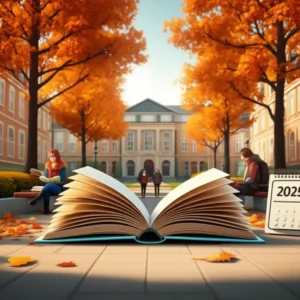 A-vibrant-3D-rendering-of-a-university-campus-with-students-and-autumn-trees,-featuring-a-large-open-book-and-a-2025-calendar.