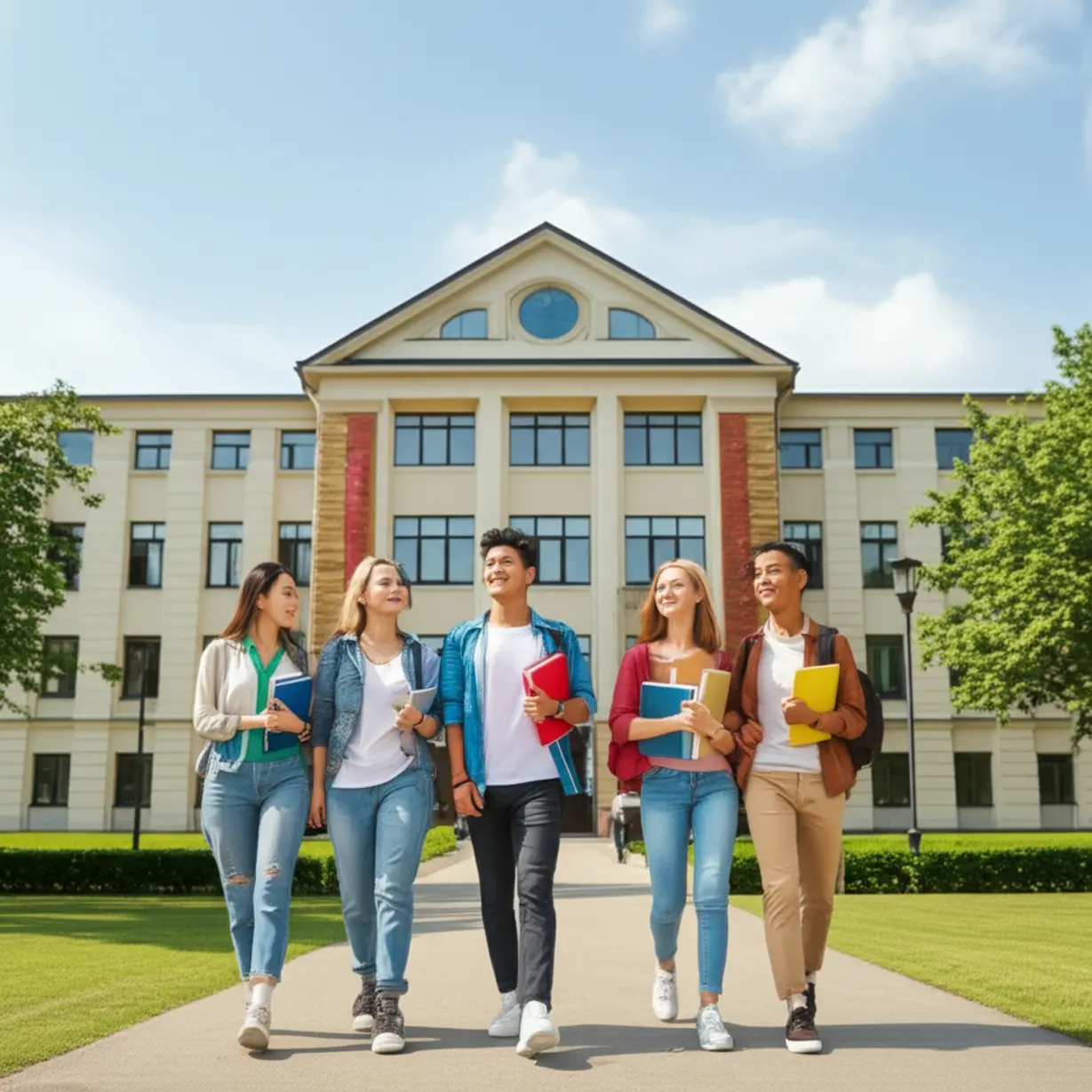 A-charming-3D-illustration-of-a-university-building-with-students-cheerfully-walking,-holding-books,-under-a-bright-sky.