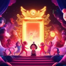 A-cute-3D-golden-glowing-gate-with-K-Pop-and-traditional-Korean-motifs,-protecting-a-vibrant-world-from-dark-spirits.