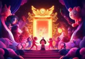 A-cute-3D-golden-glowing-gate-with-K-Pop-and-traditional-Korean-motifs,-protecting-a-vibrant-world-from-dark-spirits.