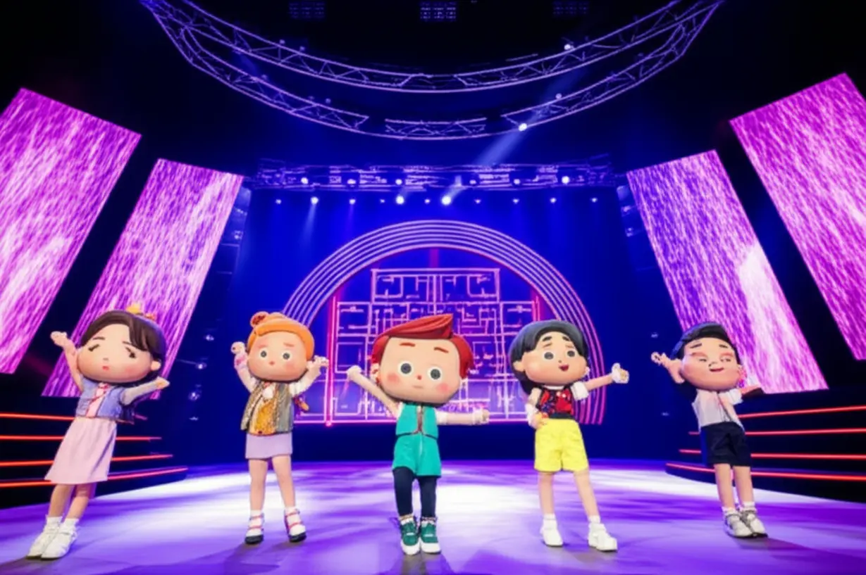 A-cute-3D-K-Pop-stage-with-stylized-characters-and-integrated-traditional-Korean-patterns,-full-of-energy-and-color.