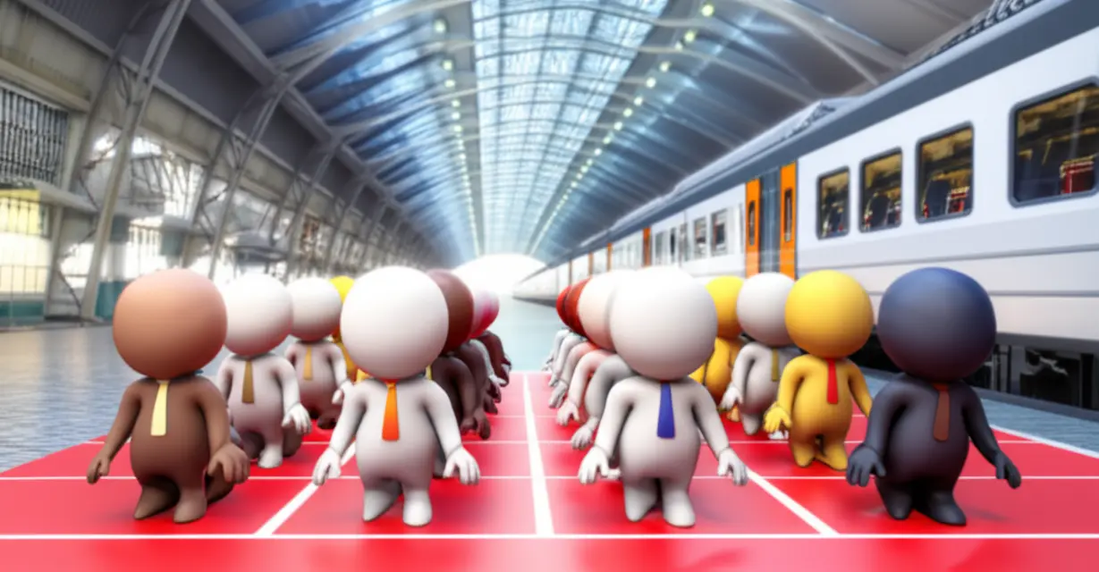 A-cute-3D-illustration-of-diverse-applicants-at-a-starting-line,-with-a-train-station-in-the-background,-representing-Korail-job-applications.