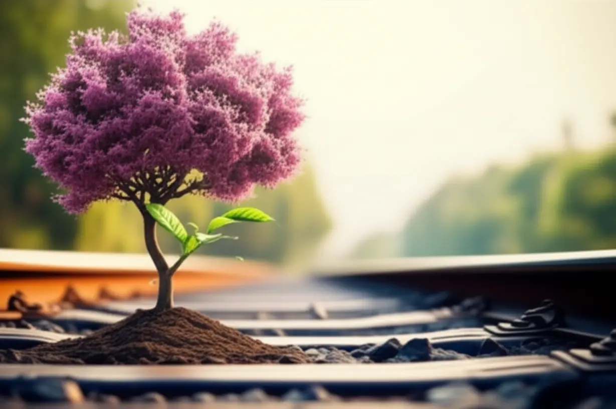 A-cute-3D-illustration-of-a-seedling-growing-into-a-tree-near-a-train-track,-representing-career-development-from-intern-to-full-time-employee-at-Korail.