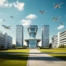 A-cute-3D-rendering-of-a-modern-university-campus-with-abstract-aircraft,-symbolizing-aerospace-education.