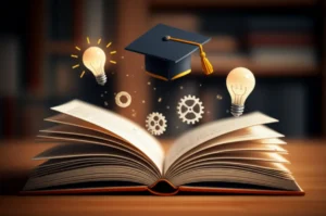 지식과-배움을-상징하는-아이콘들이-떠다니는-열린-책이-있는-3D-이미지