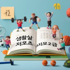 A-diverse-group-of-cute-3D-stylized-characters-in-athletic-wear-engaged-in-various-sports,-surrounding-an-open-book-titled-'생활스포츠지도사2급'-and-a-calendar-with-highlighted-dates,-symbolizing-the-journey-to-certification.