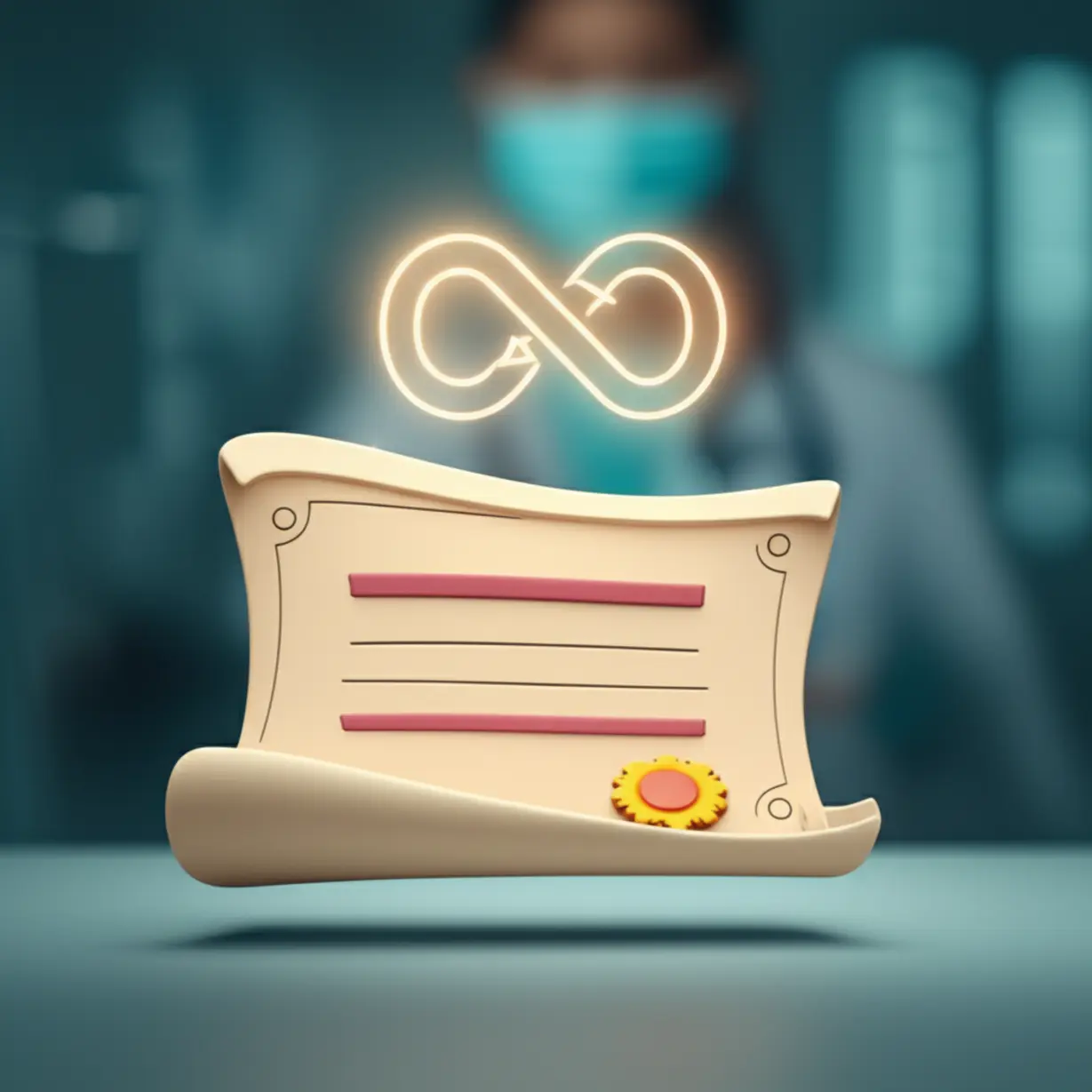 A-3D-rendered-certificate-with-an-infinity-symbol,-representing-a-hospital-coordinator-certificate-with-no-expiration-date,-set-against-a-blurred-hospital-background.