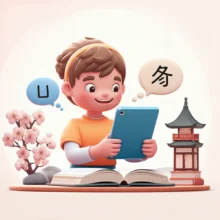 한-태블릿과-교과서로-즐겁게-일본어를-공부하는-사람,-벚꽃과-작은-파고다-같은-일본-상징으로-둘러싸여-있으며,-히라가나와-간단한-대화-거품이-있는-귀여운-3D-이미지