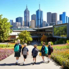 A-diverse-group-of-cheerful-students-in-school-uniforms-walking-towards-a-modern-public-school-in-Melbourne,-with-the-city-skyline-in-the-background,-under-a-bright-sky.