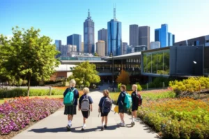 A-diverse-group-of-cheerful-students-in-school-uniforms-walking-towards-a-modern-public-school-in-Melbourne,-with-the-city-skyline-in-the-background,-under-a-bright-sky.