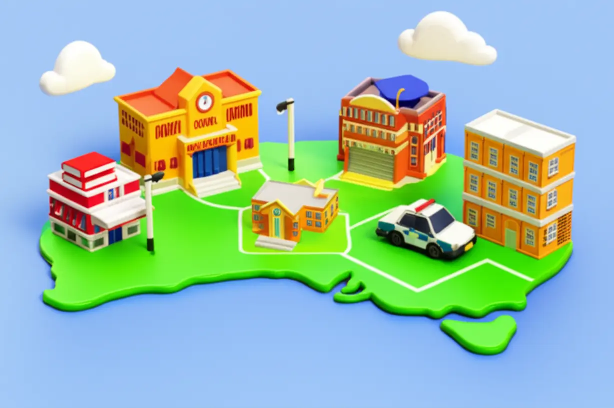A-stylized-3D-map-of-Melbourne-showing-icons-for-education,-culture,-and-safety,-highlighting-the-city