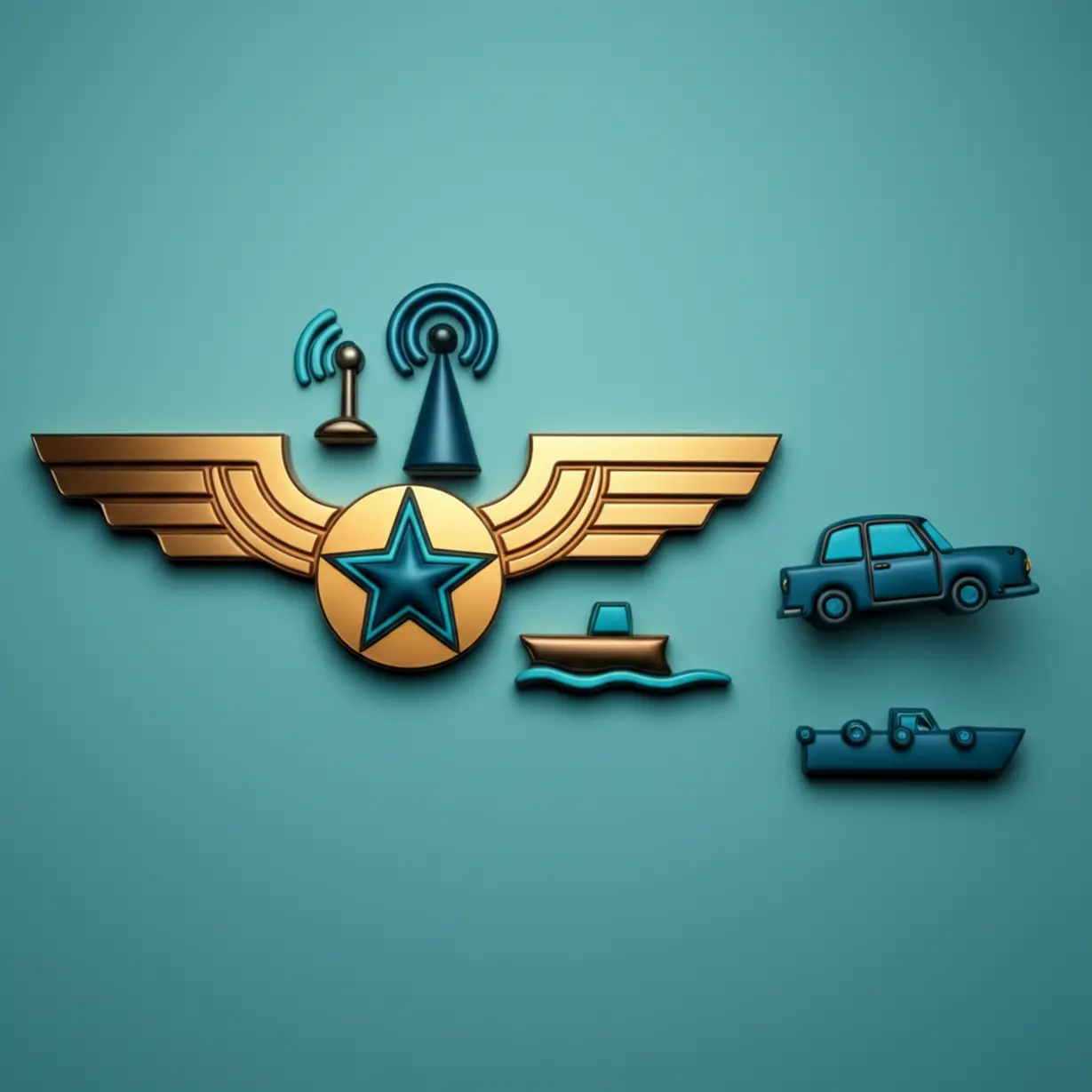 A-3D-illustration-showing-military-emblems-and-communication-symbols,-alongside-a-boat-and-car,-representing-the-military-benefits-and-various-applications-of-the-certification.