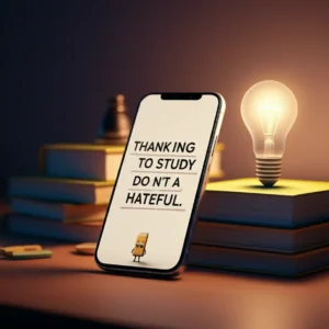 A-3D-rendered-smartphone-showing-a-motivational-quote,-surrounded-by-study-items-like-books-and-a-light-bulb,-with-a-determined-animated-character.