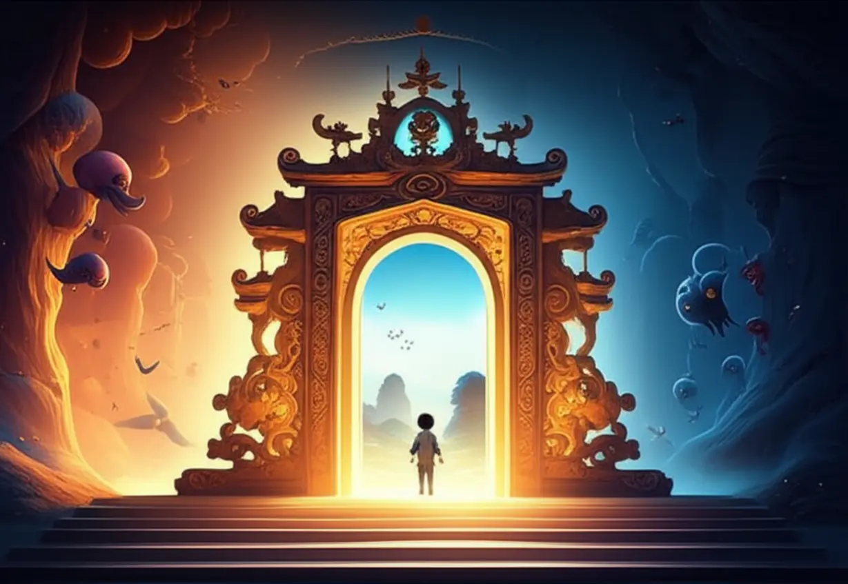 A-cute-3D-golden-Honmoon-gate-with-Korean-designs,-separating-a-peaceful-world-from-a-shadowy-spirit-realm-with-protective-light.