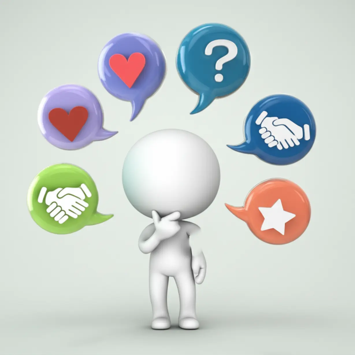 A-central-abstract-character-surrounded-by-thought-bubbles-containing-symbols-for-innocence,-gullibility,-childlike-nature,-trust,-and-idealism,-illustrating-various-related-concepts-to-