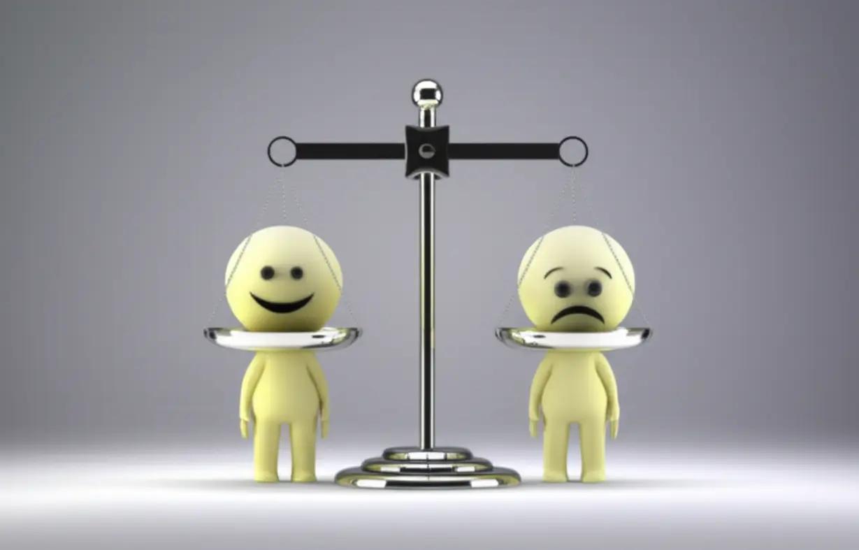 A-cute-3D-image-depicting-two-abstract-characters;-one-bright-and-smiling-symbolizing-positive-innocence,-and-another-confused-symbolizing-negative-naivety,-balanced-on-a-scale.