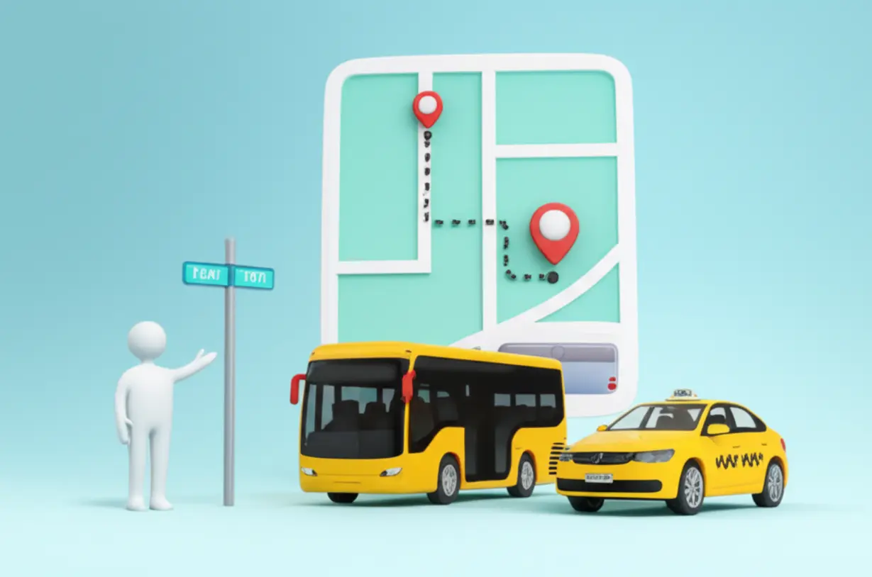 A-cute-3D-illustration-of-a-city-street-with-a-map,-bus,-and-taxi,-depicting-a-character-giving-directions,-symbolizing-navigation-and-seeking-assistance-during-travel.