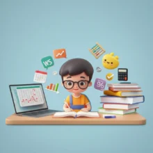전산회계1급-시험을-준비하는-비전공자-학생의-모습.-책상-위에는-회계-장부와-노트북이-놓여-있고,-주변에는-계산기,-그래프-등-회계-관련-아이콘들이-떠다닌다.-단기-합격의-의지가-돋보이는-밝고-희망찬-분위기.