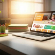 A-warm,-bright-3D-image-showing-a-laptop-with-an-online-course-interface-on-a-desk,-surrounded-by-children's-educational-toys-and-books,-symbolizing-online-learning-for-after-school-teachers.