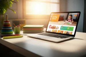 A-warm,-bright-3D-image-showing-a-laptop-with-an-online-course-interface-on-a-desk,-surrounded-by-children's-educational-toys-and-books,-symbolizing-online-learning-for-after-school-teachers.