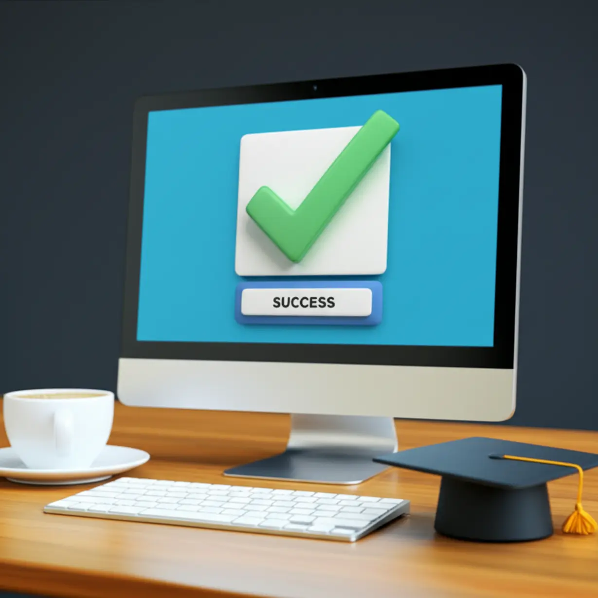 A-computer-screen-showing-a-successful-online-barista-exam,-with-a-coffee-cup-and-a-graduation-cap,-symbolizing-certification.