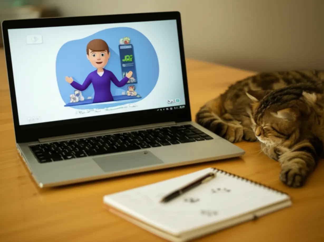 A-cute-3D-image-of-a-laptop-showing-an-online-pet-care-lecture,-with-a-notebook-and-pet-accessories,-symbolizing-online-study.