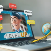 Cute-3D-illustration-of-a-student-taking-an-online-English-lesson,-showing-progress-and-global-learning.