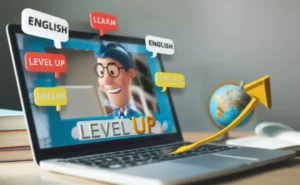 Cute-3D-illustration-of-a-student-taking-an-online-English-lesson,-showing-progress-and-global-learning.