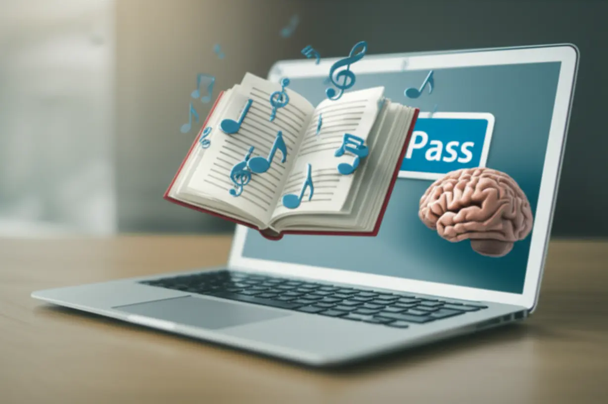3D-image-of-an-open-book-and-laptop-screen,-symbolizing-online-learning.