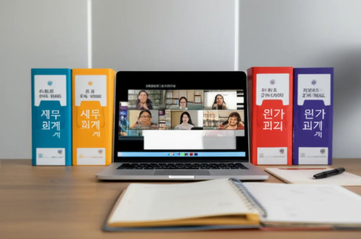 A-laptop-displaying-an-online-lecture,-surrounded-by-textbooks-for-Financial-Accounting,-Tax-Accounting,-and-Cost-Management-Accounting,-with-a-notebook-for-notes.
